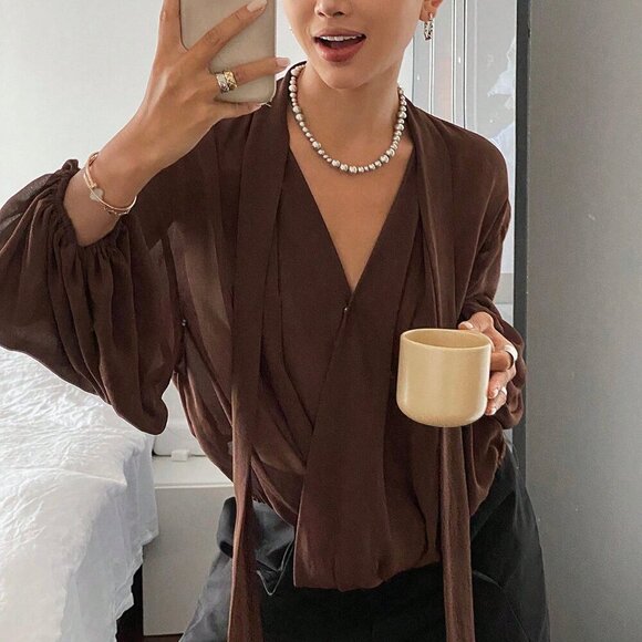 Brown Casual Women's Loose Long Sleeve Tie Shirt Blouse - Picture 4 of 10